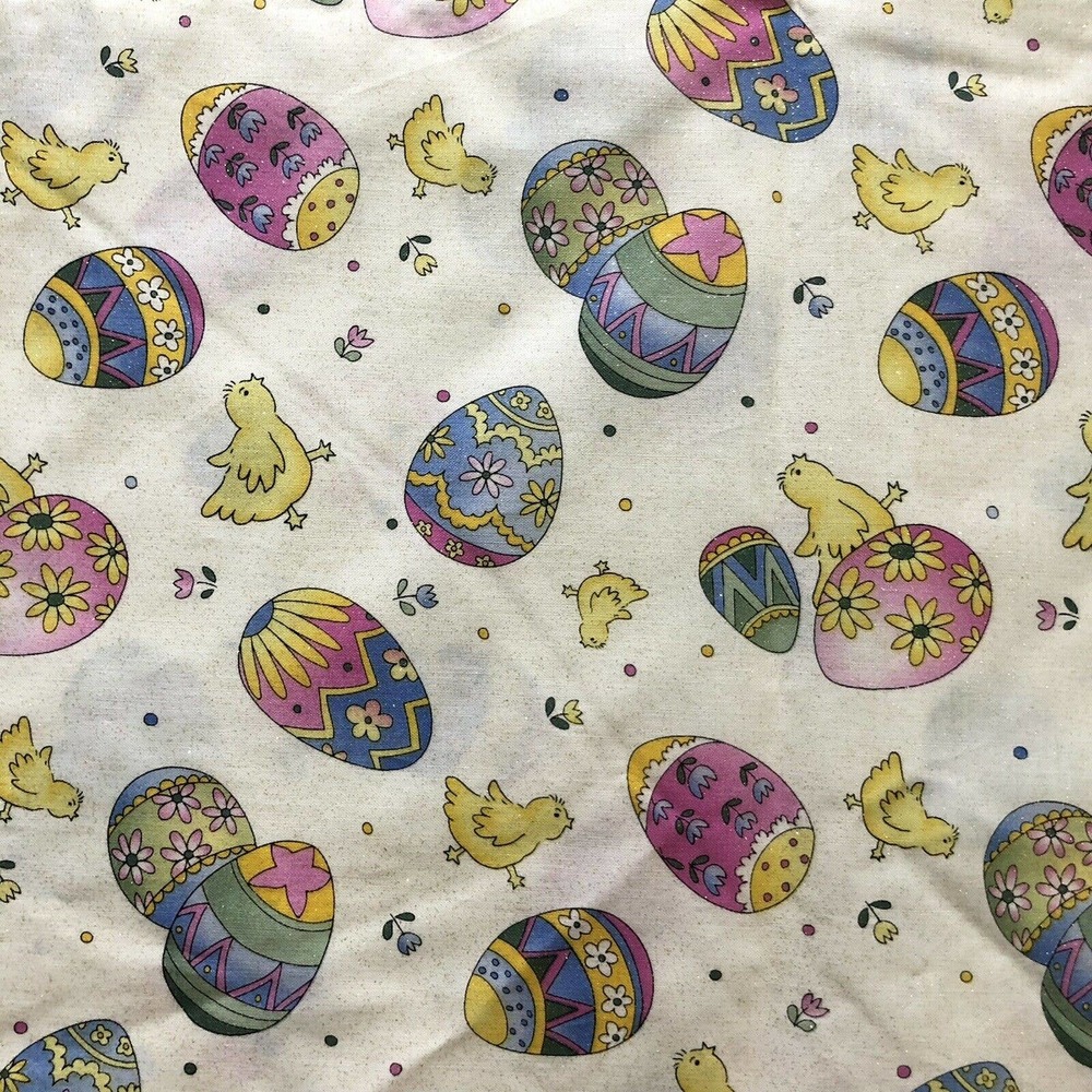 3 yd JoAnn Cream Gold Glitter Easter Eggs Chicks Tulip Dot Cotton Quilt Fabric